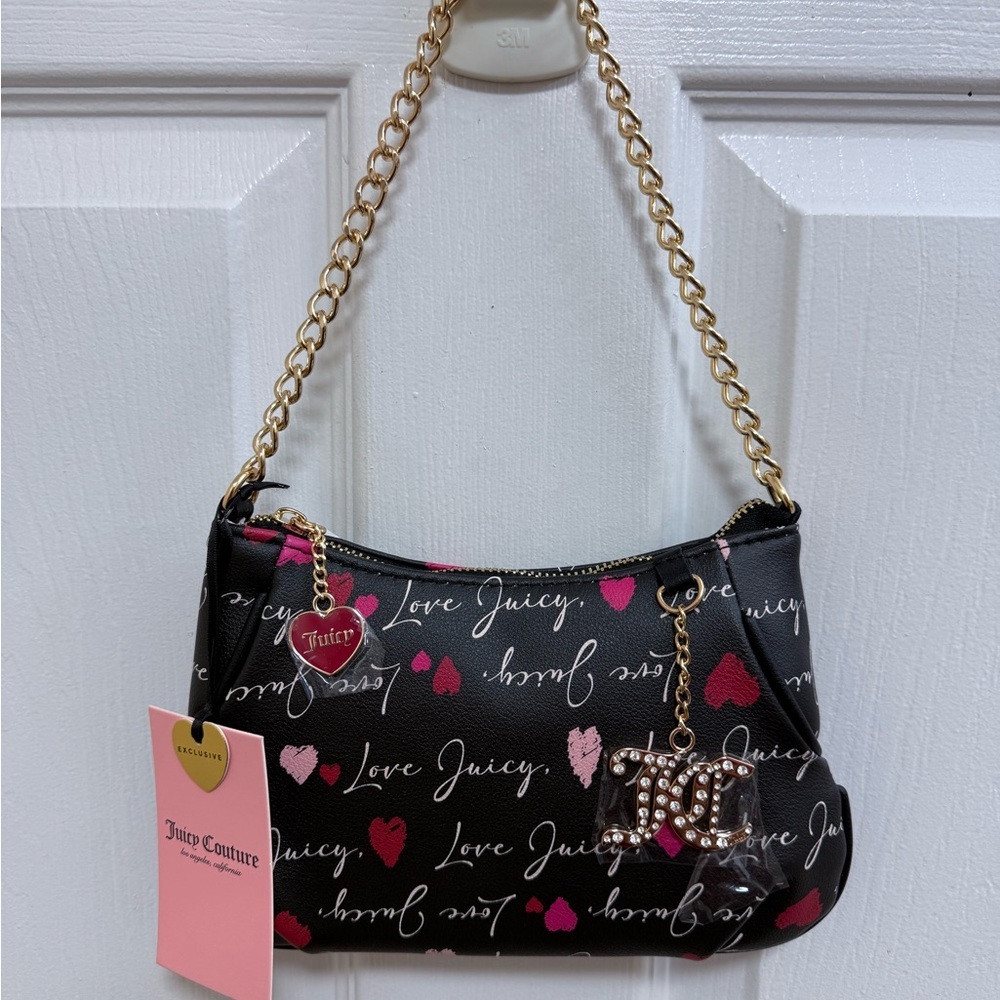 NWT Juicy Couture Black Multicolored V-Love Letter Pouch Wristlet w/ Gold Chain